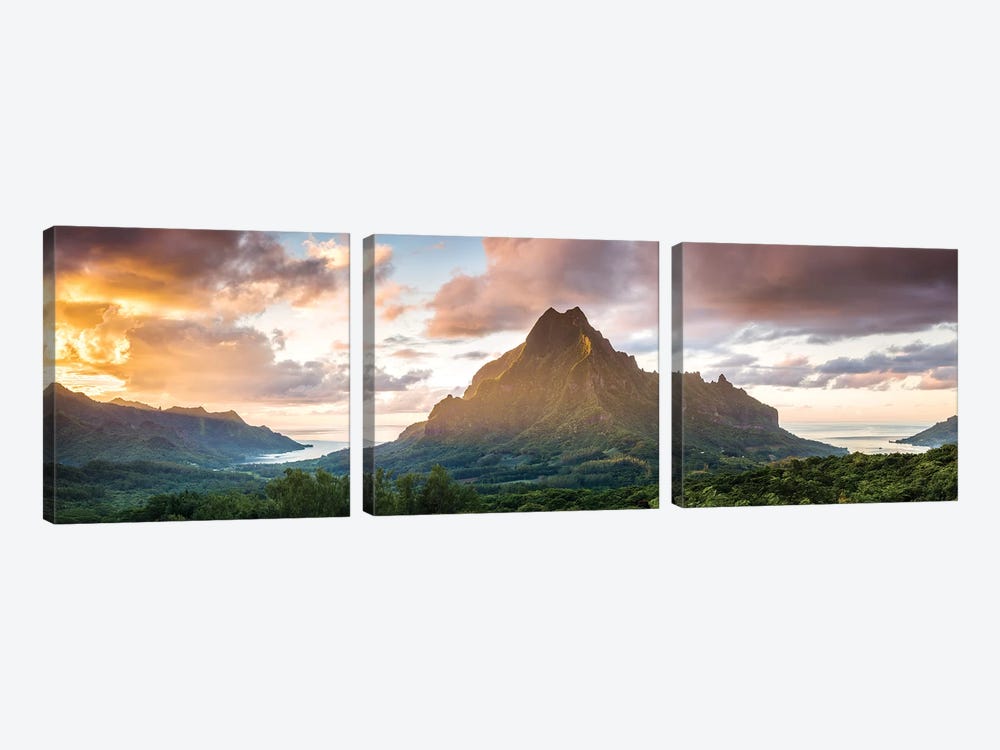 Panoramic Of Moorea At Sunset, Polynesia 3-piece Canvas Art