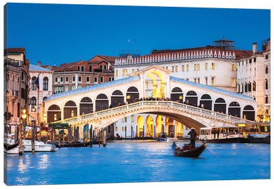 Rialto Bridge And Gondola, Venice, Italy Canvas Art Print - Veneto Art