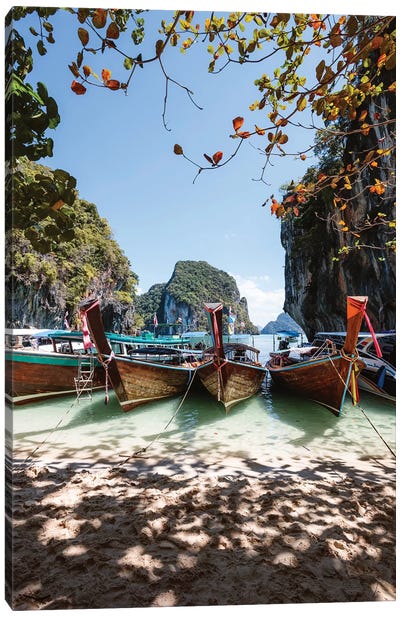 Thai Boats On A Tropical Island Canvas Art Print - Tropical Beach Art