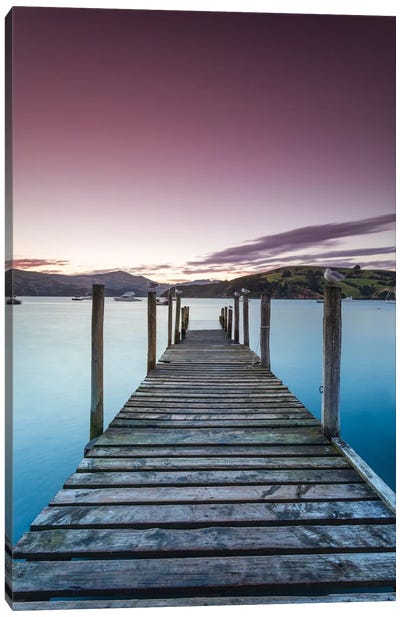 Pier At Sunset II, Akaroa Harbour, Akaroa, Banks Peninsula, Canterbury, South Island, New Zealand Canvas Art Print - Nautical Scenic Photography