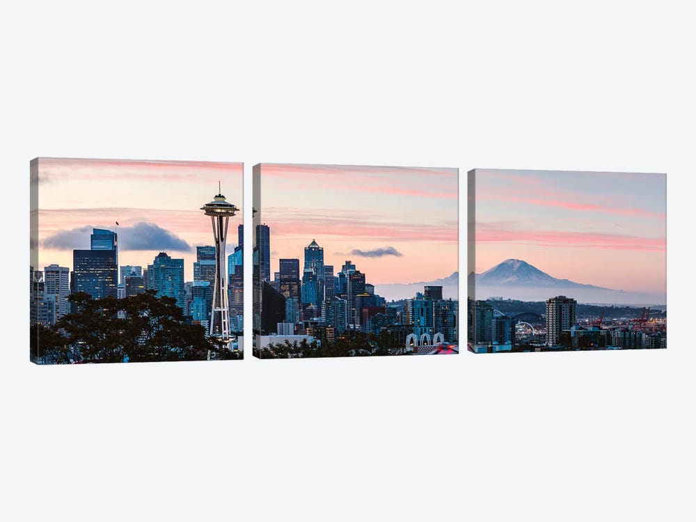 Seattle Skyline And Mt Rainier by Matteo Colombo 3-piece Canvas Artwork