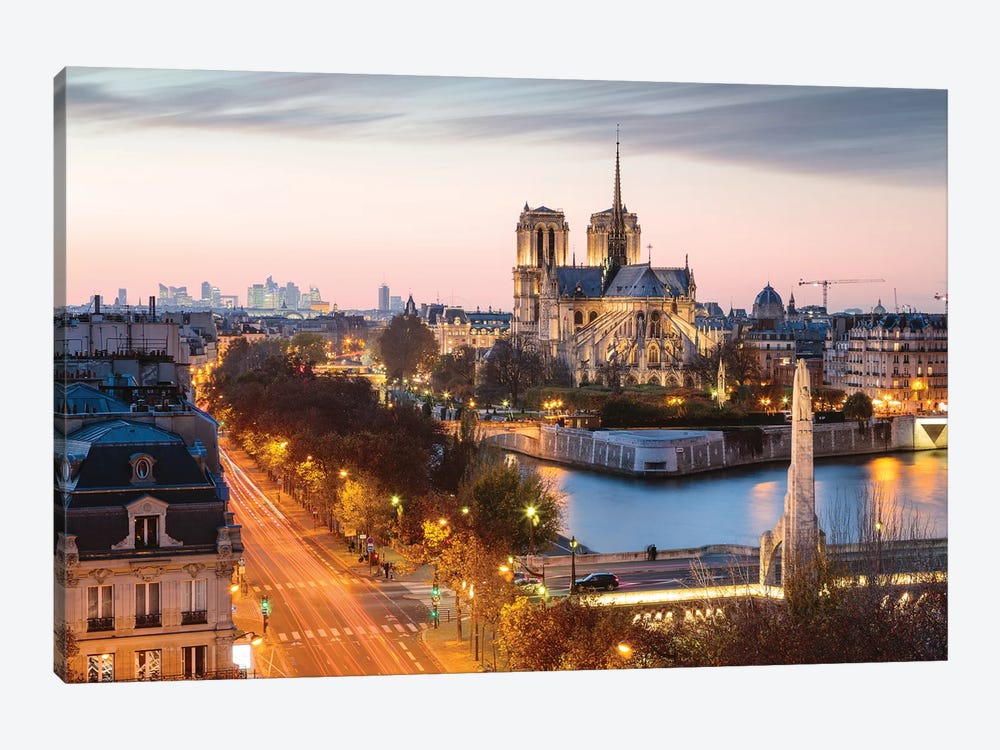Notre Dame And Paris At Dusk Art Print by Matteo Colombo | iCanvas