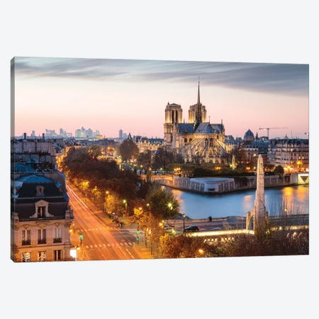 Notre Dame And Paris At Dusk Canvas Print #TEO731} by Matteo Colombo Canvas Wall Art