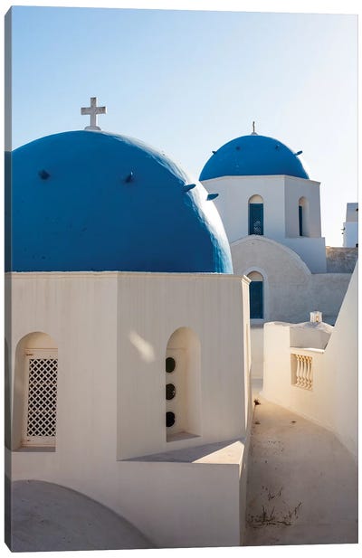 Blue Domed Churches in Santorini, Greece Canvas Art Print - Famous Places of Worship