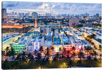 Ocean Drive And Skyline, Miami Canvas Art Print - Miami Skylines