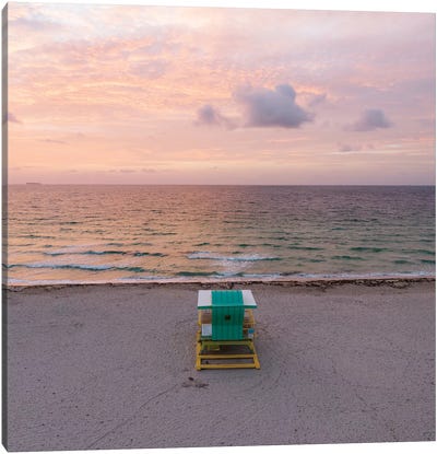 Lifeguard Cabin And Ocean, Miami Canvas Art Print - Beach Sunrise & Sunset Art