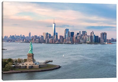 Statue Of Liberty, New York Harbor, Manhattan Skyline, New York City, New York, USA Canvas Art Print - Architecture Art