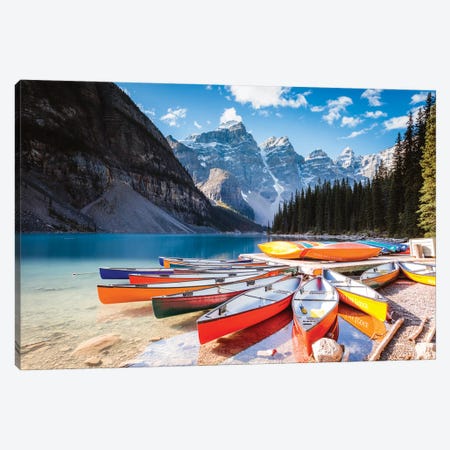 Canoes, Moraine Lake Canvas Print #TEO880} by Matteo Colombo Canvas Wall Art