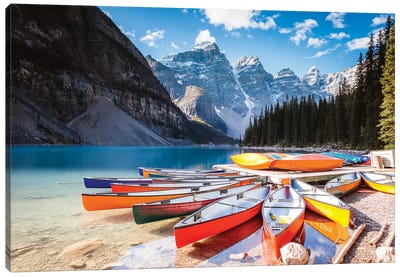 Canoes, Moraine Lake Canvas Art Print - Canada Art