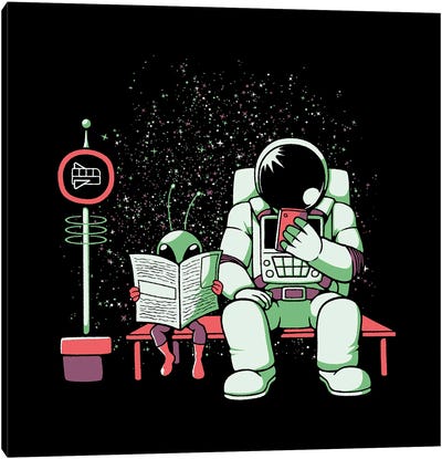 Astronaut In A Bus Stop Funny Alien Reading Newspaper Canvas Art Print - Tobias Fonseca
