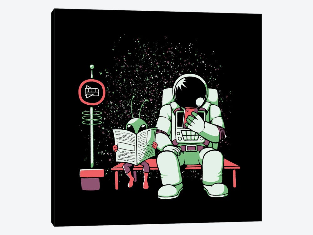 Astronaut In A Bus Stop Funny Alien Reading Newspaper by Tobias Fonseca 1-piece Canvas Art Print