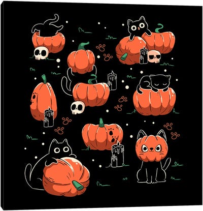 Pumpkin Halloween Cats Canvas Art Print - Pumpkins