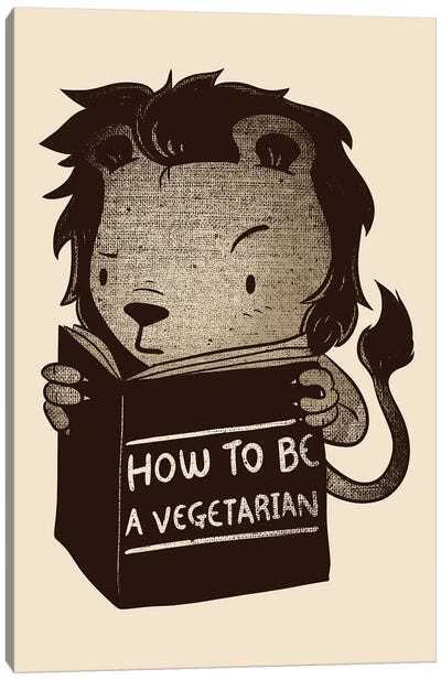 Lion How To Be Vegetarian Canvas Art Print - Satirical Humor Art