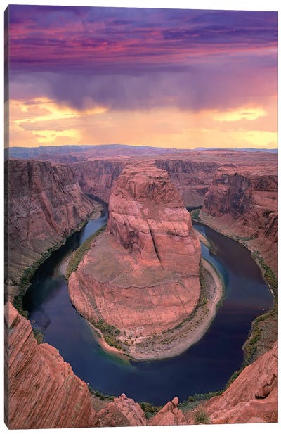Storm Clouds Over The Colorado River At Horseshoe Bend Near Page, Arizona Canvas Art Print - Outdoor Adventure Travel