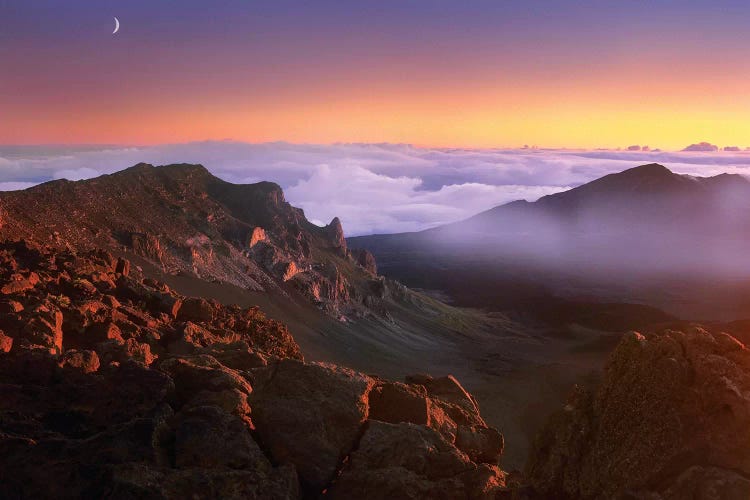 Sunrise And Crescent Moon Overlooking Haleakala Crater, Maui, Hawaii by Tim Fitzharris wall art