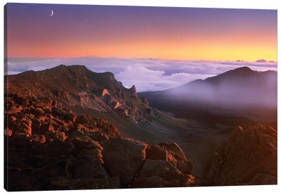 Sunrise And Crescent Moon Overlooking Haleakala Crater, Maui, Hawaii Canvas Art Print - Maui