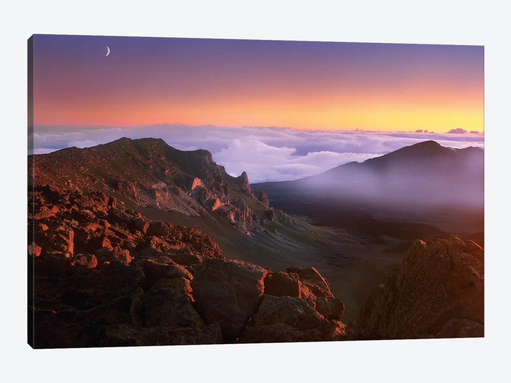Sunrise And Crescent Moon Overlooking Haleakala Crater, Maui, Hawaii by Tim Fitzharris 1-piece Canvas Artwork