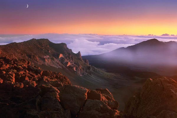 Tim Fitzharris: Sunrise And Crescent Moon Overlooking Haleakala Crater, Maui, Hawaii by Tim Fitzharris