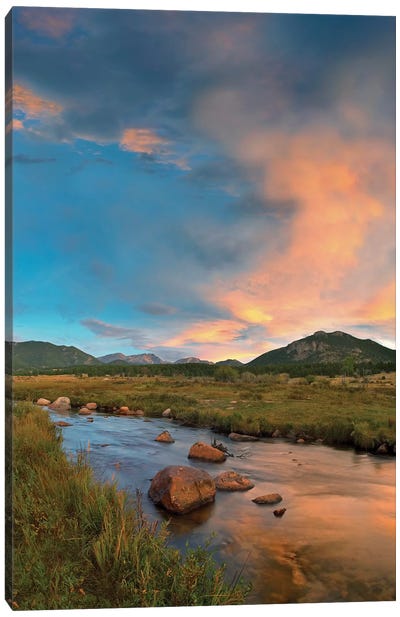 Sunset Over River And Peaks In Moraine Park, Rocky Mountain National Park, Colorado Canvas Art Print - Rocky Mountain National Park Art