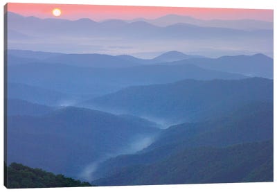 Sunset Over The Pisgah National Forest From The Blue Ridge Parkway, North Carolina II Canvas Art Print - Mist & Fog Art