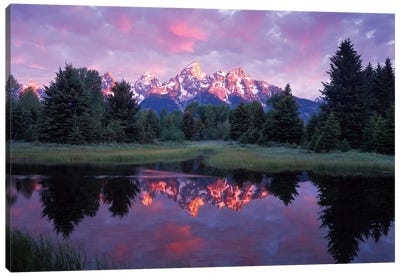 Teton Range At Sunrise, Schwabacher Landing, Grand Teton National Park, Wyoming Canvas Art Print - Mountain Art