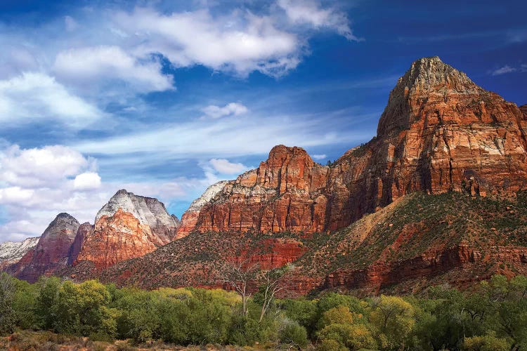 The Watchman, Outcropping Near South Entrance Of Zion National Park, Cottonwoods In Foreground, Utah