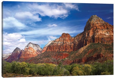 The Watchman, Outcropping Near South Entrance Of Zion National Park, Cottonwoods In Foreground, Utah Canvas Art Print - Utah Art