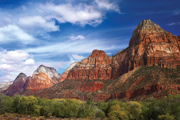 Utah: The Watchman, Outcropping Near South Entrance Of Zion National Park, Cottonwoods In Foreground, Utah by Tim Fitzharris