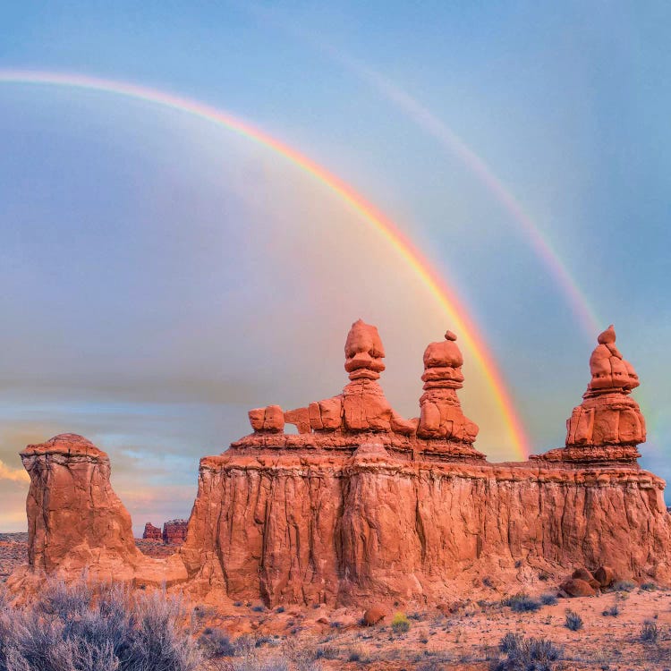 Rainbow Over Rock Formation Called The Three Judges, Goblin Valley State Park, Utah