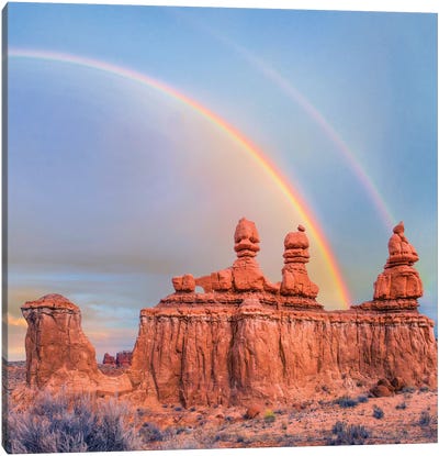 Rainbow Over Rock Formation Called The Three Judges, Goblin Valley State Park, Utah Canvas Art Print - Rainbow Art