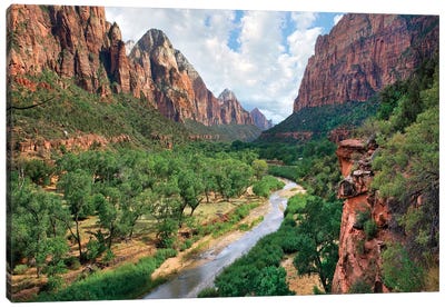 Looking out into the Zion Canyon and the Virgin River, Zion National Park, Utah Canvas Art Print