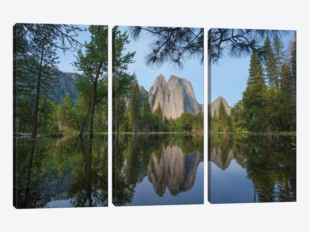 Granite Peaks Reflected In River, Yosemite Valley, Yosemite National Park, California by Tim Fitzharris 3-piece Canvas Artwork