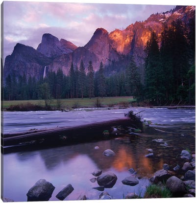 Bridal Veil Falls And The Merced River In Yosemite Valley, Yosemite National Park, California Canvas Art Print - Yosemite National Park Art