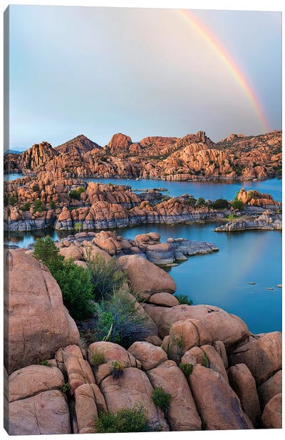 Rainbow Over Granite Dells At Watson Lake, Arizona Canvas Art Print - Rock Art