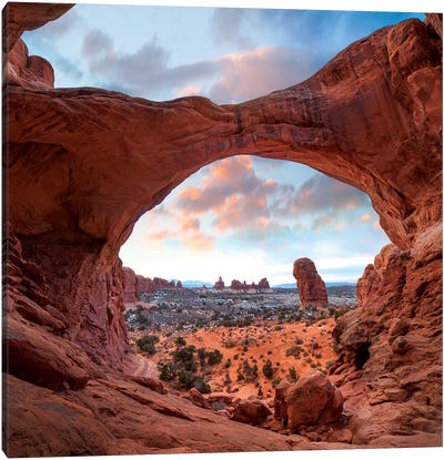The Windows Section From Double Arch At Sunrise, Arches National Park, Utah Canvas Art Print - Adventure Seeker