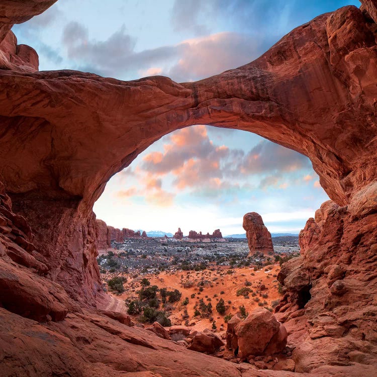 The Windows Section From Double Arch At Sunrise, Arches National Park, Utah