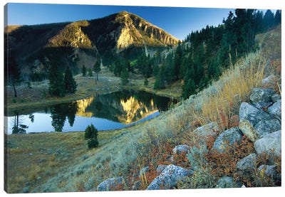 Bunsen Peak, An Ancient Volcano Cone, Reflected In Lake, Near Mammoth, Yellowstone National Park, Wyoming Canvas Art Print - Wyoming Art