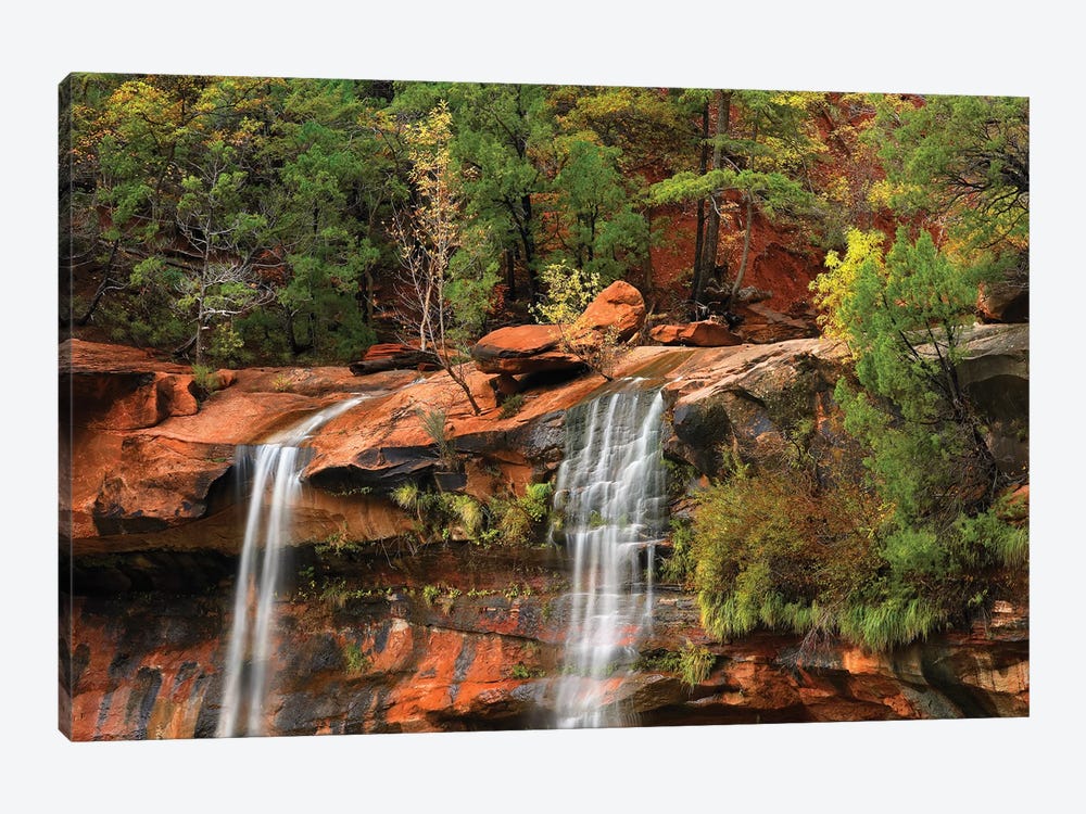 Cascades Tumbling 110 Feet At Emerald Pools, Note The Black Streaks Called Desert Varnish, Zion National Park, Utah II by Tim Fitzharris 1-piece Canvas Print