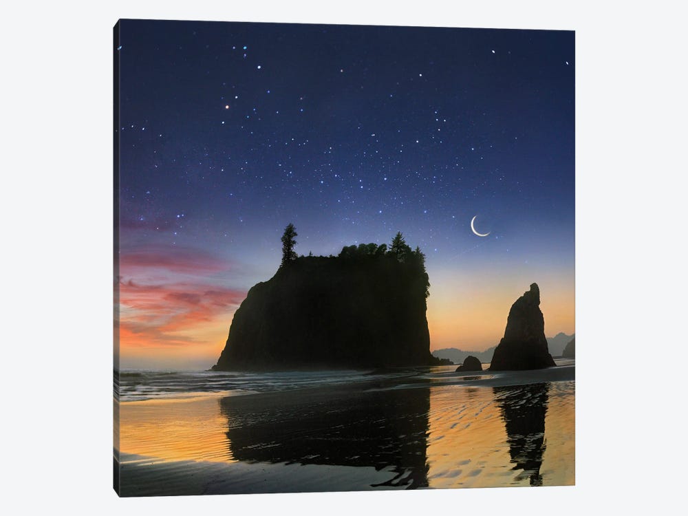 Seastacks And Moon, Ruby Beach, Olympic National Park, Washington, Composite by Tim Fitzharris 1-piece Canvas Wall Art