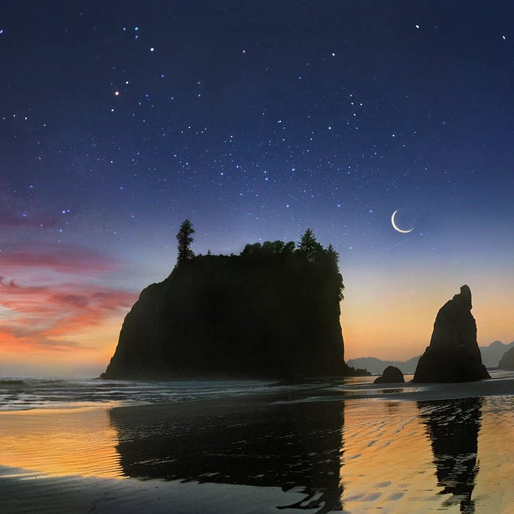 Seastacks And Moon, Ruby Beach, Olympic National Park, Washington, Composite