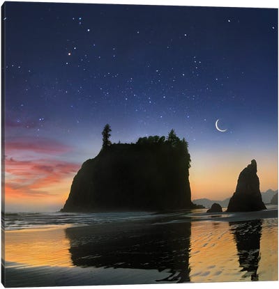 Seastacks And Moon, Ruby Beach, Olympic National Park, Washington, Composite Canvas Art Print - Tim Fitzharris