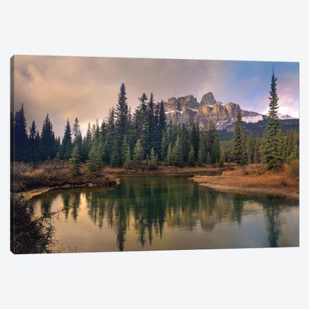 Castle Mountain And Boreal Forest Reflected In Lake, Alberta, Canada Canvas Print #TFI197} by Tim Fitzharris Canvas Print