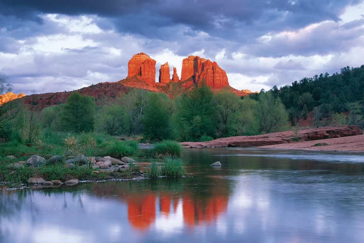 Cathedral Rock Reflected In Oak Creek At Red Rock Crossing With Gathering Rain Clouds, Red Rock State Park Near Sedona, Arizona