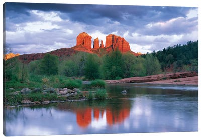 Cathedral Rock Reflected In Oak Creek At Red Rock Crossing With Gathering Rain Clouds, Red Rock State Park Near Sedona, Arizona Canvas Art Print - Sedona