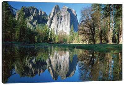 Cathedral Rock Reflected In The Merced River, Yosemite National Park, California I Canvas Art Print - Yosemite National Park Art