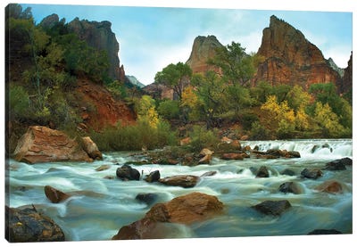 Court Of The Patriarchs Rising Above River, Zion National Park, Utah Canvas Art Print - Zion National Park Art