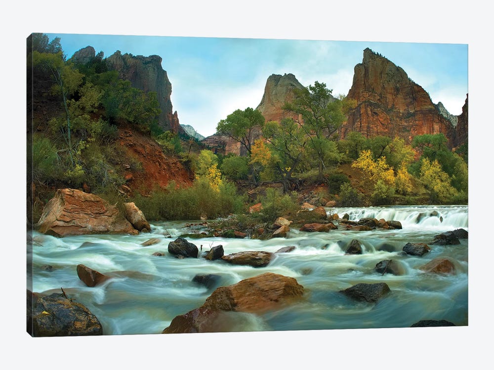 Court Of The Patriarchs Rising Above River, Zion National Park, Utah by Tim Fitzharris 1-piece Canvas Print