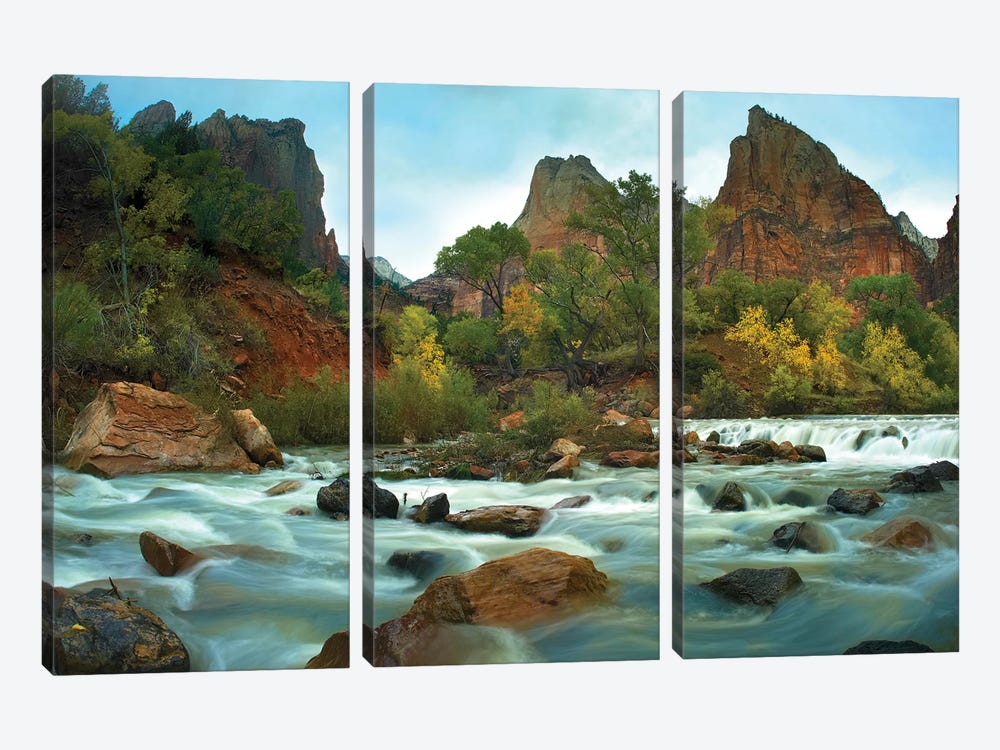 Court Of The Patriarchs Rising Above River, Zion National Park, Utah by Tim Fitzharris 3-piece Canvas Print