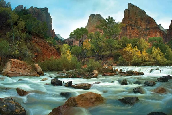 Tim Fitzharris: Court Of The Patriarchs Rising Above River, Zion National Park, Utah by Tim Fitzharris