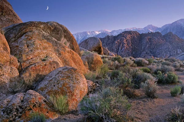 Sierra Nevada: Crescent Moon Rising Over Sierra Nevada Range As Seen From Alabama Hills, California by Tim Fitzharris